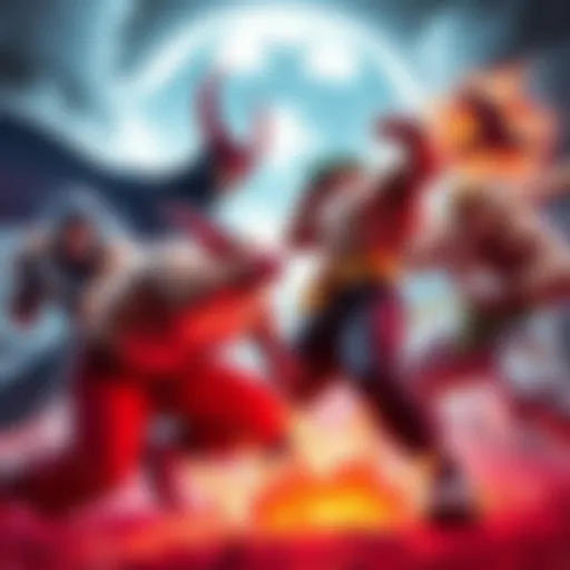 A clash featuring Ermac, Elphelt Valentine, Beelzebub, Yoshimitsu, and Blanka in an intense fight scene.