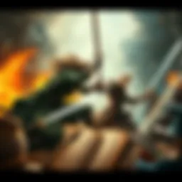 Famous literary characters engaged in an intense battle with swords and magic in a thrilling showdown