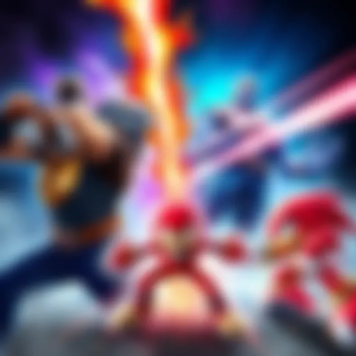 Six iconic characters, Yamamoto, Thanos, Omega Shenron, Plastic Man, Asura, and Knuckles, engage in a fierce free-for-all fight