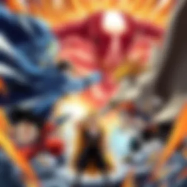 Characters from DBZ, Invincible, Naruto, and Bleach engage in an intense fight, showcasing their powers and skills.