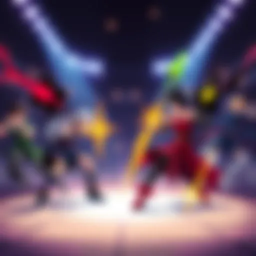 A dramatic scene showcasing fierce fights between Yuji and Ruby, Yuta and Weiss, Maki and Blake, and Hakari and Yang in an arena setting.
