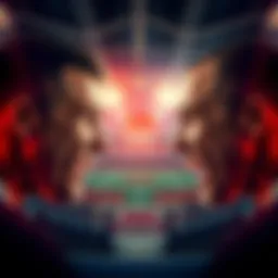 Two rivals facing off with intense expressions in a dramatic sports arena setting, fueled by excitement and anticipation.