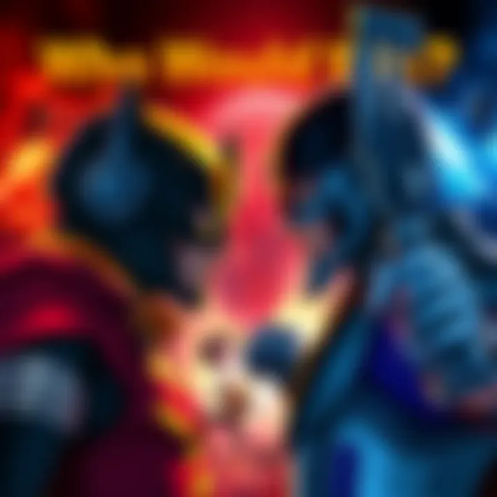 Illustration of two iconic pop culture characters facing off in an epic battle scene with dramatic backgrounds