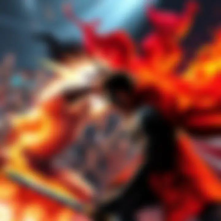 Two powerful characters face off in an intense battle, showcasing their unique abilities and strength, with an excited crowd cheering in the background