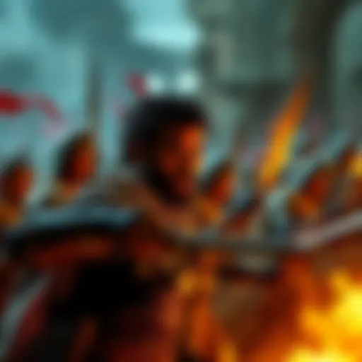 A dramatic scene depicting warriors preparing for a final battle, tension in the air with determined expressions