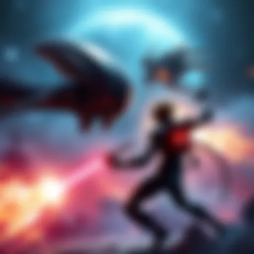 A dramatic scene of Alien X facing off against a powerful opponent in a cosmic arena filled with stars and energy blasts.