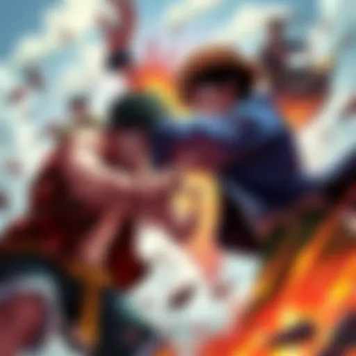 Luffy and Gaban face off in a fierce battle, while Rayleigh clashes with Akainu in the background. Bold action poses highlight the intensity of these legendary fights.