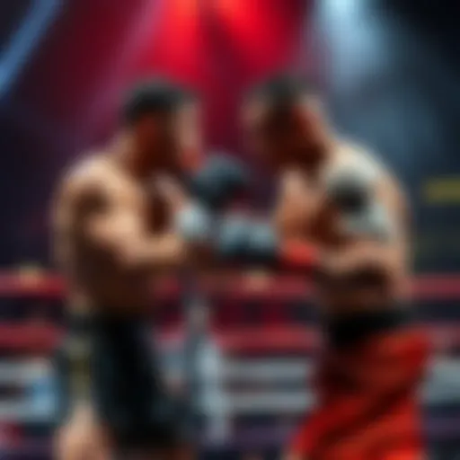 Two fighters exchange powerful blows in a dramatic boxing match, showcasing their determination and skill in front of a cheering crowd.