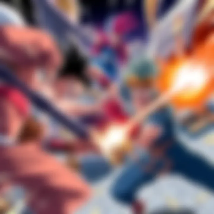 Characters battling fiercely in classic anime fights, showcasing intense expressions and dynamic poses.