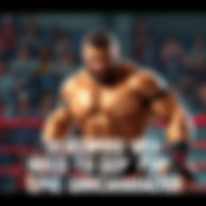 A muscular grappler character ready for a fight, showcasing powerful moves and fierce expression, surrounded by cheering fans.