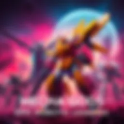 A collection of iconic mecha robots showcasing their unique designs and features, set against a vibrant sci-fi background.