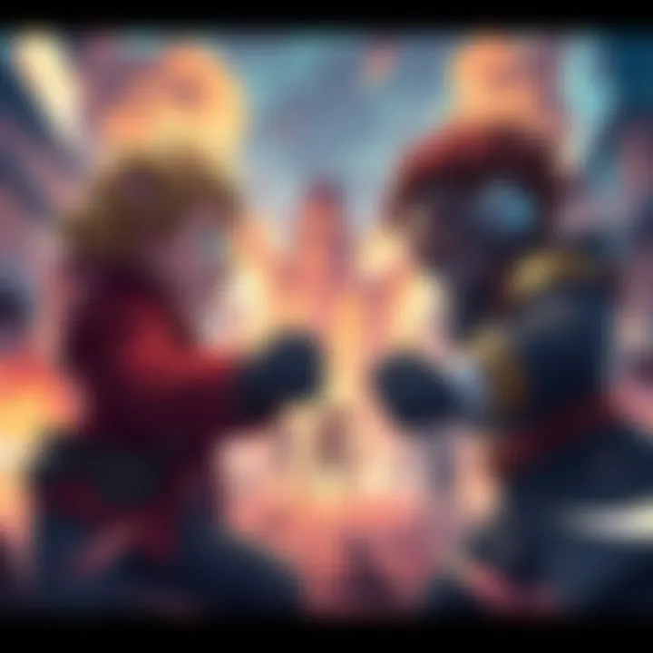 A dynamic illustration of two fictional characters facing off in an intense match, showcasing their unique abilities and fierce expressions, with a vibrant backdrop of a battleground.