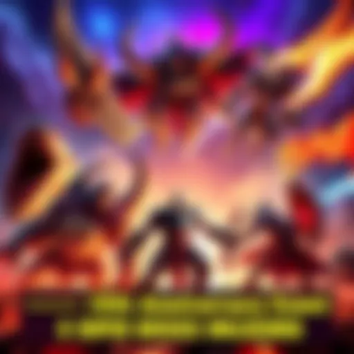 A scene showcasing six powerful bosses ready for battle, each with unique designs and abilities, set against a vibrant background celebrating the 10th anniversary event.