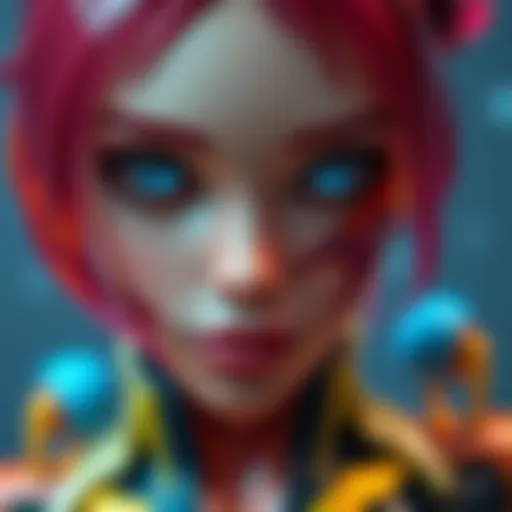 A close-up of an epoxy resin art piece featuring a character resembling Alita, showcasing bright colors and intricate details of the artwork.