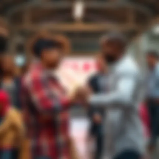 Two people shaking hands in a community setting, symbolizing equality and fairness in relationships