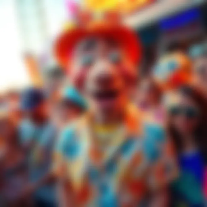 A character known as ERB the Bay Harbor Kisser, depicted with a playful expression, wearing vibrant beach-themed clothing, surrounded by fans at a lively event.