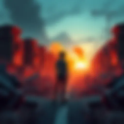 Eren stands at a crossroads, contemplating the choice between attacking military targets or civilians, with a backdrop of destruction around him.