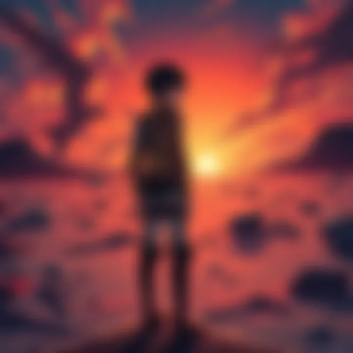 Eren Yeager standing on a desolate battlefield, looking conflicted and contemplative, with remnants of battle around him, symbolizing the weight of his choices in the series finale.