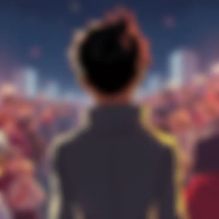Illustration showing characters Eren and Farmer-kun debating over who is the father of Historia's child, with a backdrop of a divided crowd discussing their opinions.