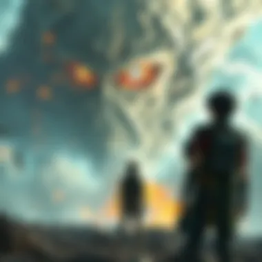 Eren standing with the Rumbling in the background Eren Yeager gazing at a massive wall of Titans moving in unison, symbolizing his choice to unleash the Rumbling and the weight of his ideology on freedom.