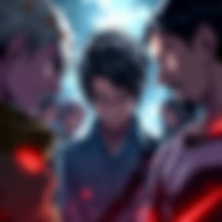 Eren Yeager in an intense stare-off with various Attack on Titan characters, showing tension and anticipation of their interactions