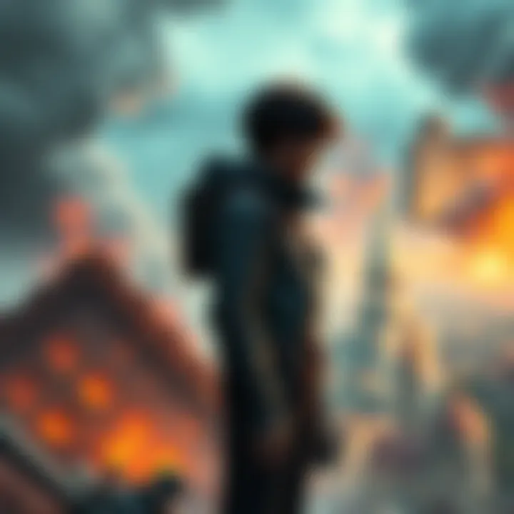 Eren Yeager stands in a dramatic pose, looking at a distant city in turmoil, reflecting on his decisions about the Rumbling.