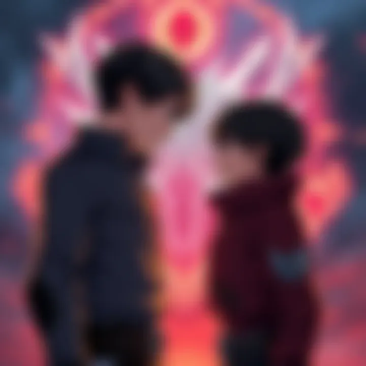 Eren and Zeke facing each other with Ymir's spirit appearing in the background, symbolizing their connection and choices in the Attack on Titan story