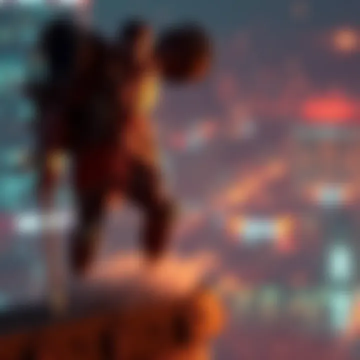 Eren's Titan standing on the wall looking down, with a city in the background, contemplating its next move.