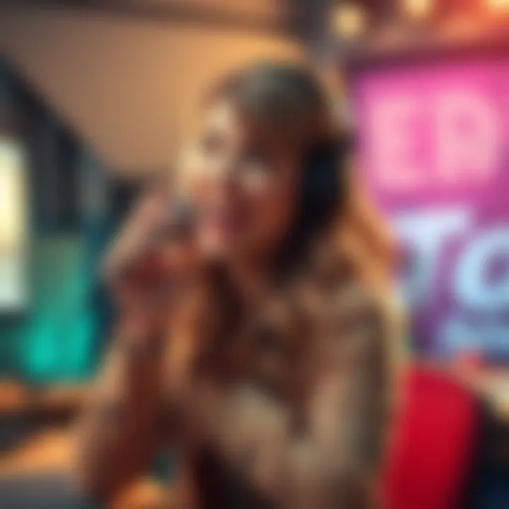 Erica Lindbeck in a recording studio, passionately voicing animated characters with a microphone