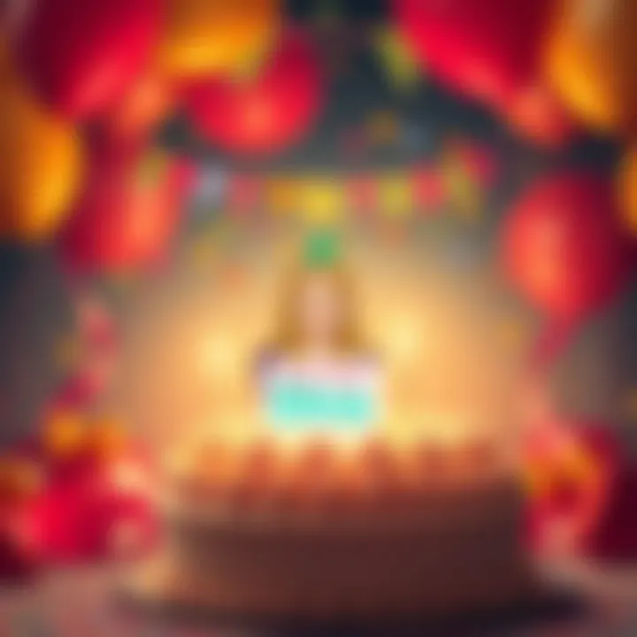 A colorful birthday celebration scene with cake and balloons, featuring Erika Harlacher's name and a graphic of her character Dina, reflecting joy and appreciation from fans.