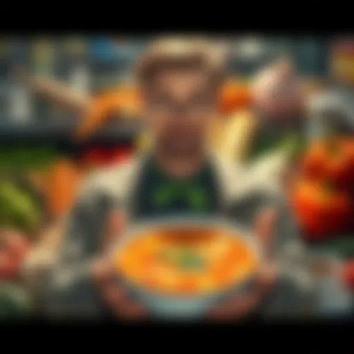 Erwin Smith character holding a bowl of soup surrounded by soup ingredients