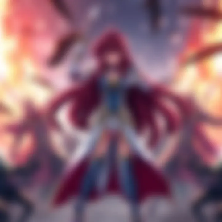 Erza stands confidently in a victorious pose after her solo battle, surrounded by defeated foes.