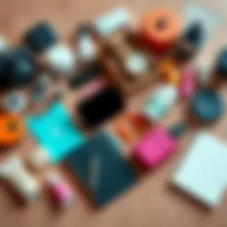 A collection of everyday essential items like gadgets, notebooks, and wellness products arranged on a table.