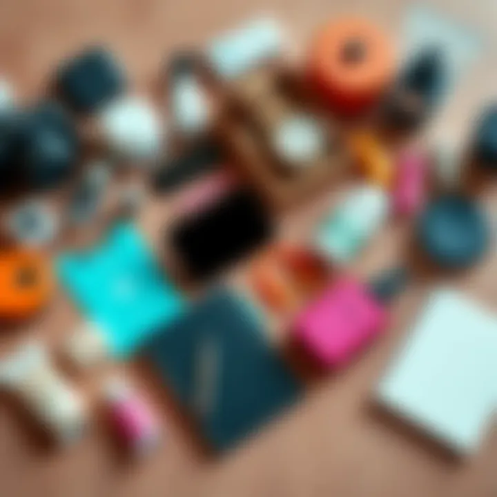 A collection of everyday essential items like gadgets, notebooks, and wellness products arranged on a table.