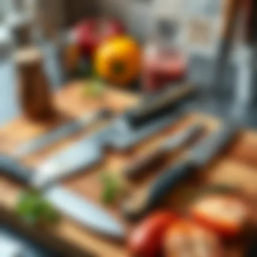 A selection of essential kitchen knives and cutlery tools displayed on a wooden cutting board