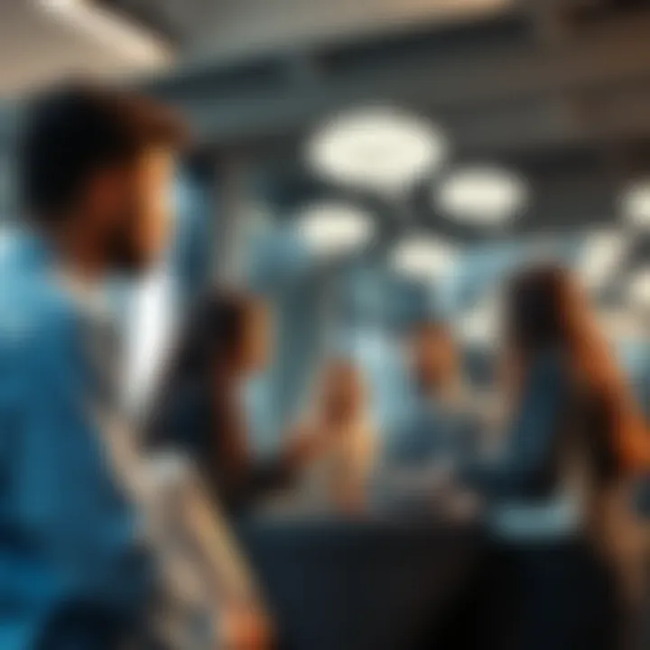 A diverse group of people discussing ethical choices in a modern setting, with thought bubbles indicating moral dilemmas.