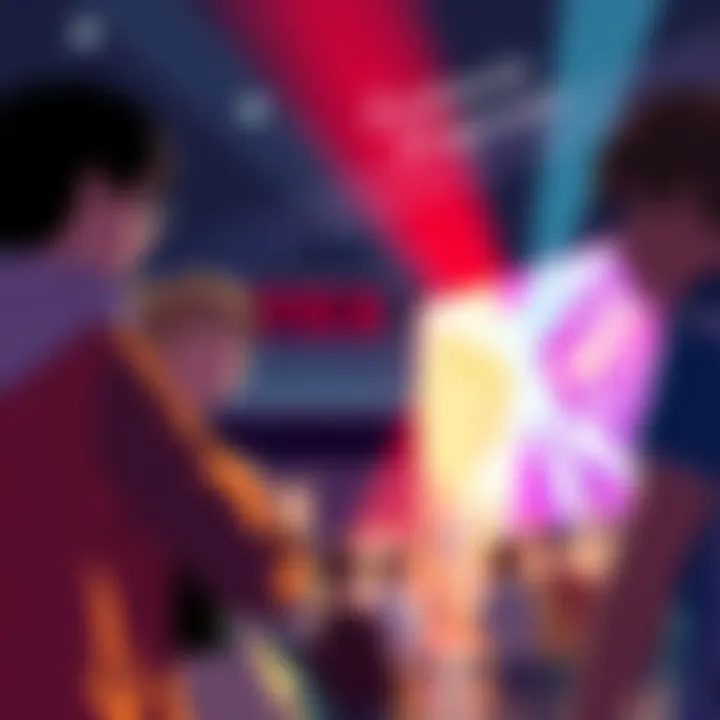 Fans discussing the Evangelion series during the 30th anniversary performance event, showcasing excitement and engagement.