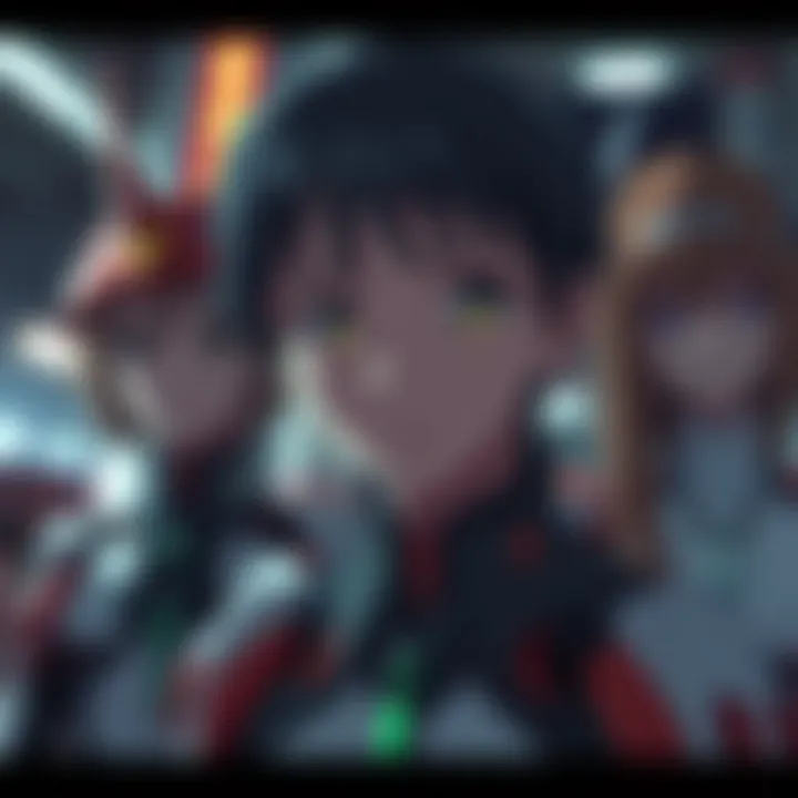A character from Evangelion looks confused and out of place in a scene, surrounded by other main characters who seem engaged in the storyline.