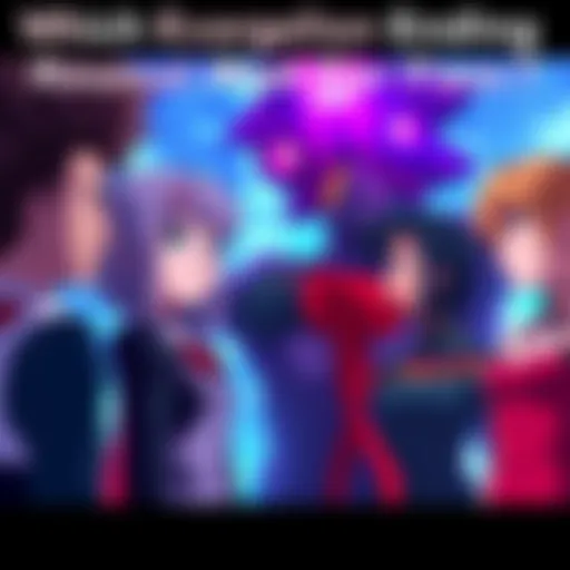 A group of characters from the Evangelion series engaged in a heartfelt conversation about the show's various endings, showcasing their emotional expressions.