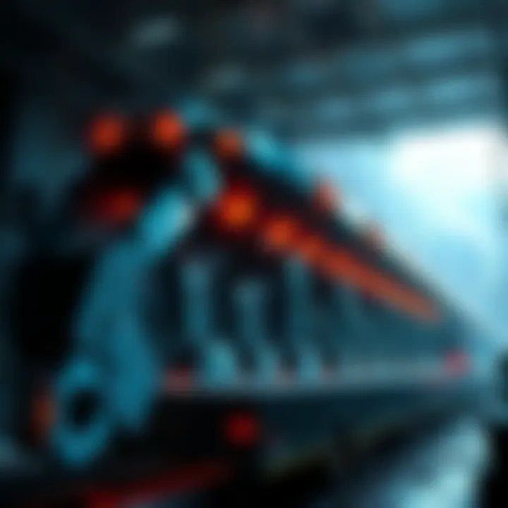 Evas being transported to the surface A view of large robotic Evas being moved from Nerv HQ to the surface of Tokyo 3, showcasing transport mechanisms and underground setup.