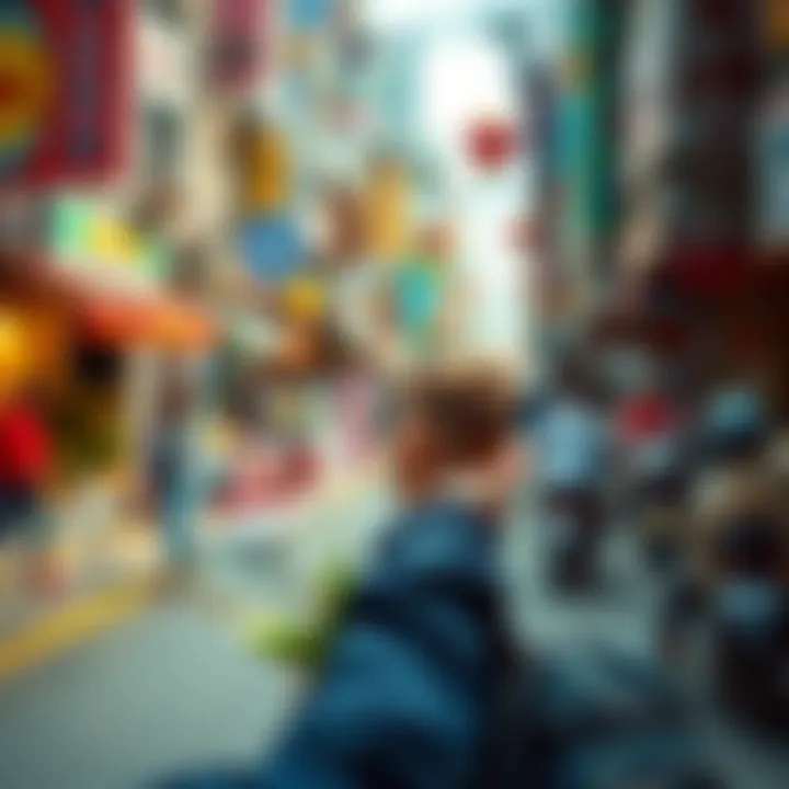 A person observing small details in a bustling street, like a flower in a crack or a child playing, highlighting the beauty of daily life