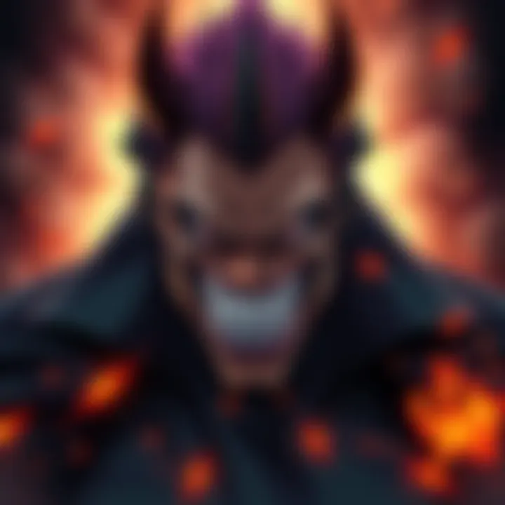 A dark and menacing anime character with a wicked grin, surrounded by chaos and destruction, representing pure villainy.