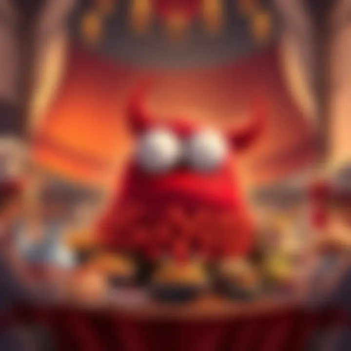 Evil Eye, a character with a round shape and large eyes, sits at a table piled high with food, looking very satisfied but greedy. He seems unaware of the importance of sharing with others.