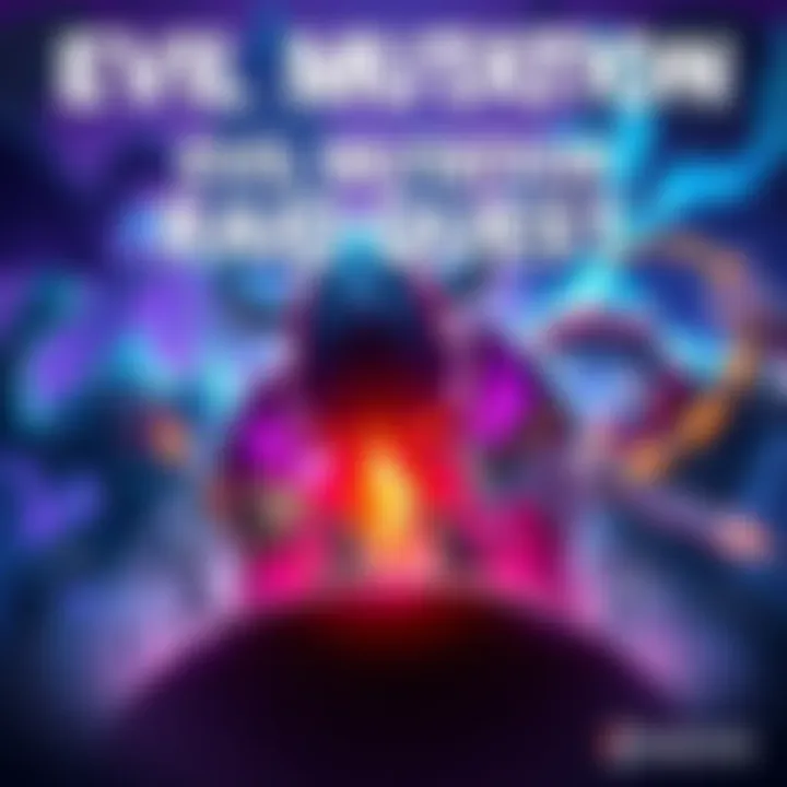 A vibrant poster showcasing the Evil Mutation Raid Quest with images of fierce villains and players ready to battle for rewards.
