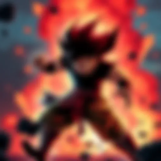 A powerful Saiyan warrior with a dark aura, showcasing fierce determination in a dramatic battle stance surrounded by explosions