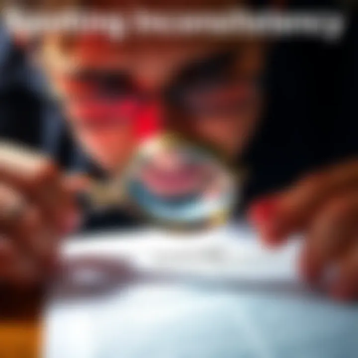 A person looking closely at a document with a magnifying glass, highlighting inconsistencies in text.