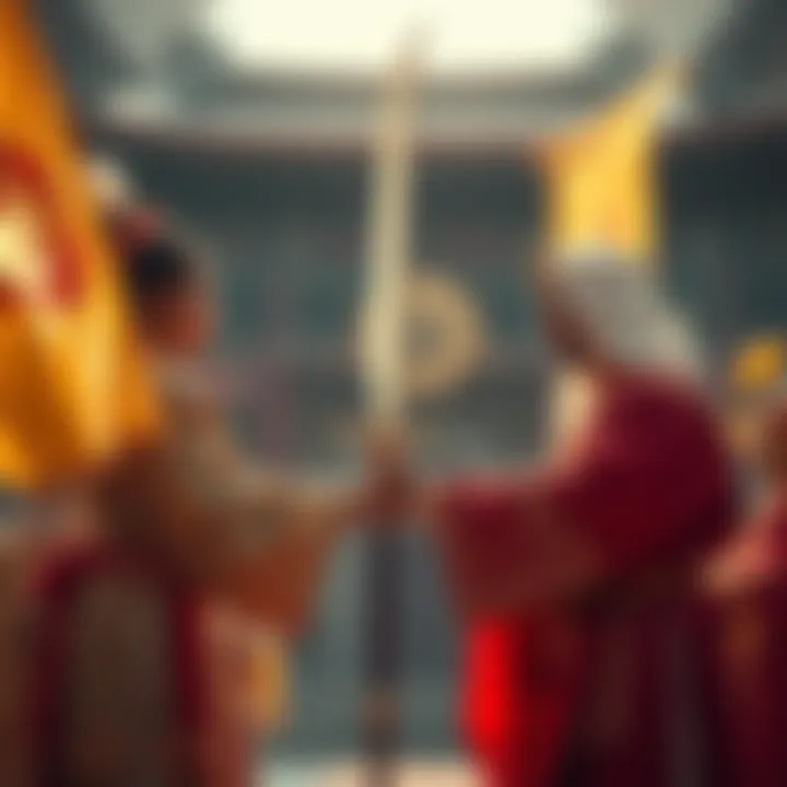A ceremonial exchange showing the White Spear of Glory being handed over for the Holy Golden Flag, symbolizing cultural significance and tradition.