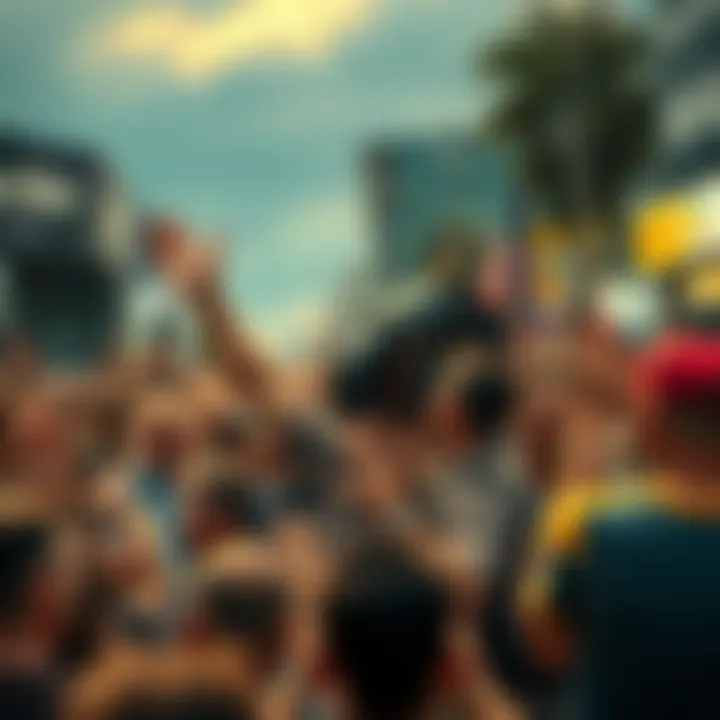 Excited Crowd Gathering People in the streets excitedly talking about a local personality known as a one man army.