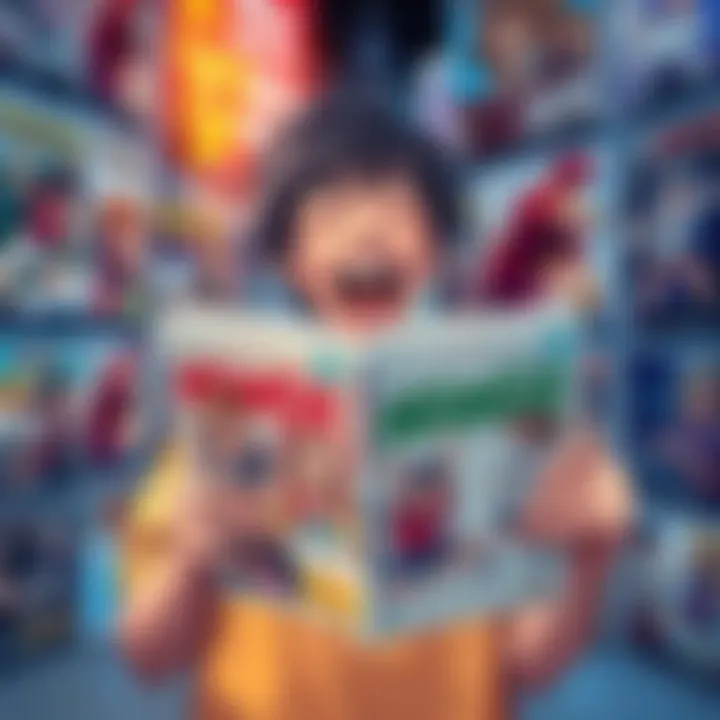 A joyful person holding a manga book with sports and romance themes, reflecting their passion for the series, surrounded by posters of characters in action.