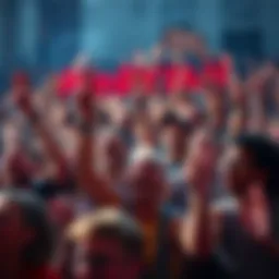 Excited crowd cheering A diverse group of people enthusiastically cheering together, showing excitement and agreement.